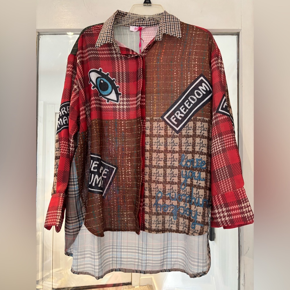 Women's Long Sleeve Patchwork Plaid Shirt - Red/Brown
